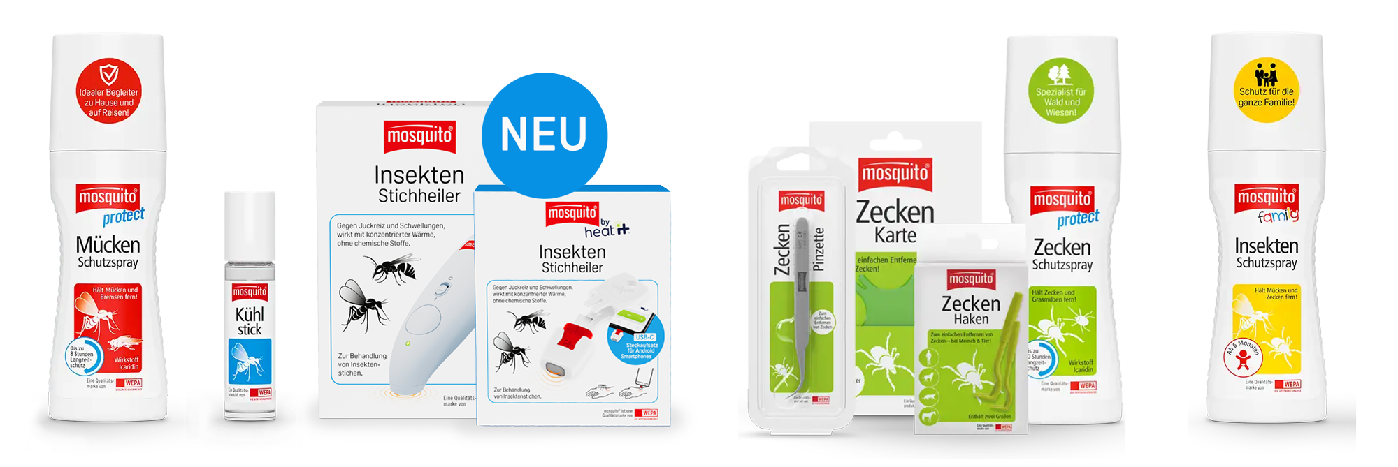 Mückenschutzspray, Kühlgel, Insektenstichheiler, Zeckenpinzette, Zeckenhaken, Zeckenkarte, Zeckenschutzspray und Insektenschutzspray Flasche 