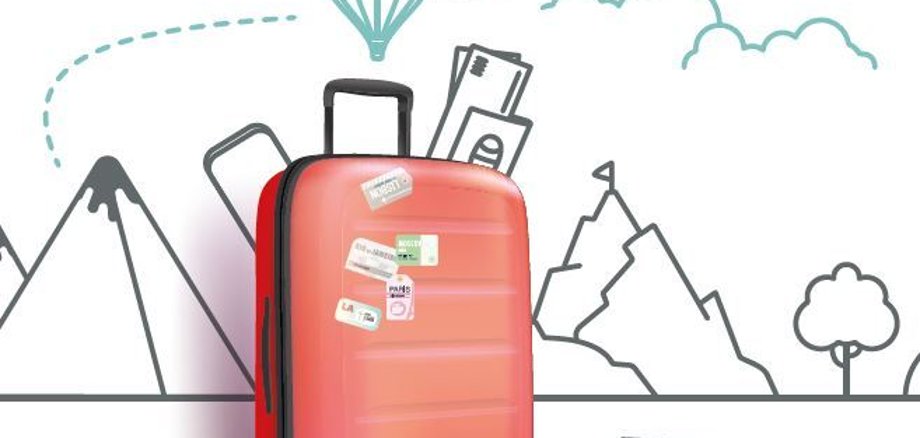 Karikaturberg Hinetrgrund und davor steht ein roter Koffer mit der Reiseapotheke